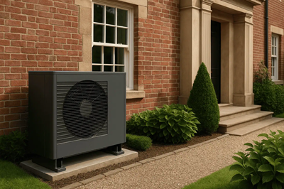 Air source heat pump outside a brick house